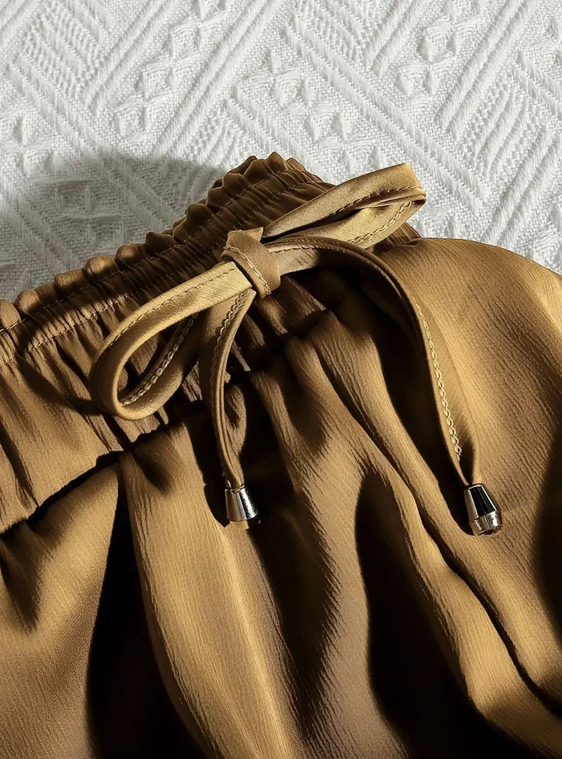 High Quality Wide Leg Pants Women Vintage Drawstring High Waist Satin Silk Pants Woman Casual Loose Straight Trousers