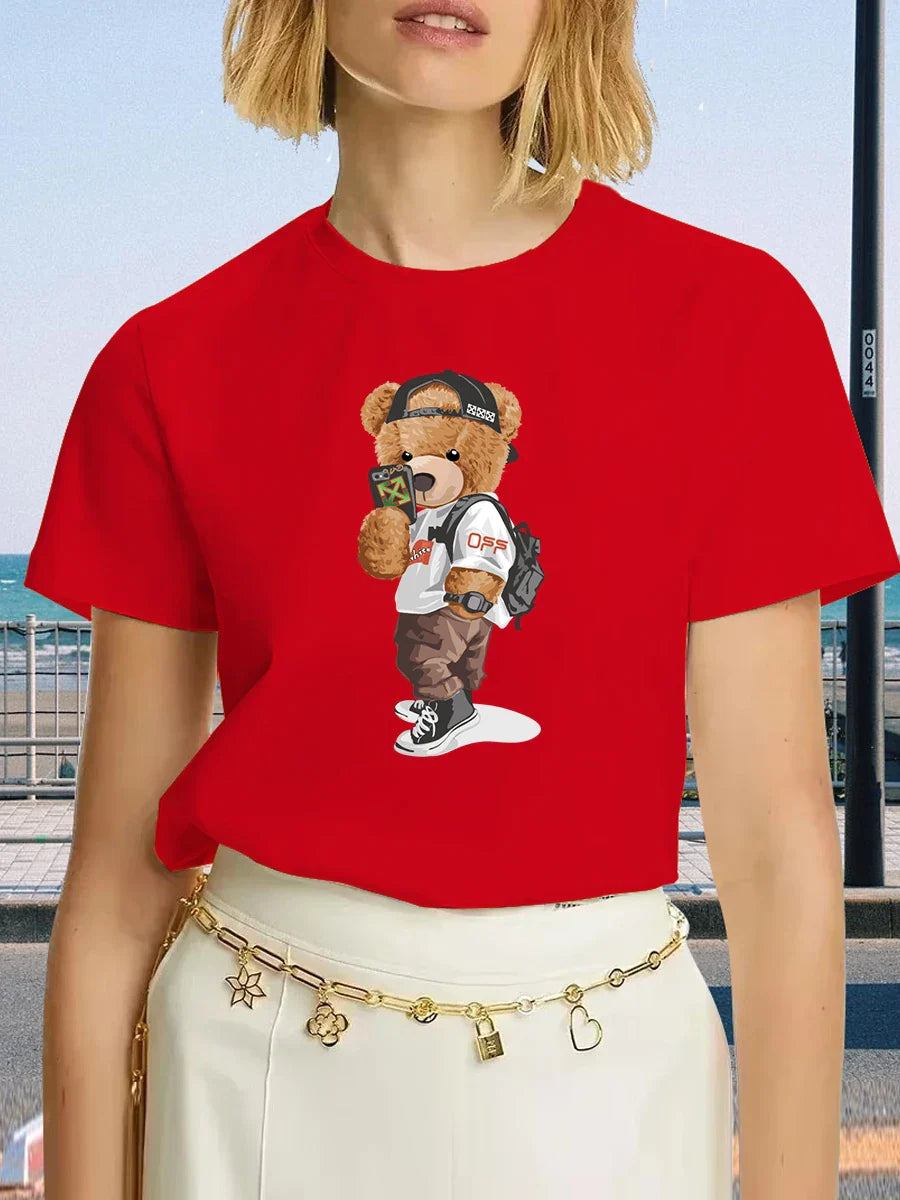 Luxury Brand Fashion Black Selfie Bear Printed Crew Neck Clothing Short Sleeve T-Shirt Trend Women's Summer Y2K Top