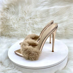Super High Heels Summer Women Slippers Fur pointed toes Slip On Slides high heels 12cm sexy women sandals 33-4512cm