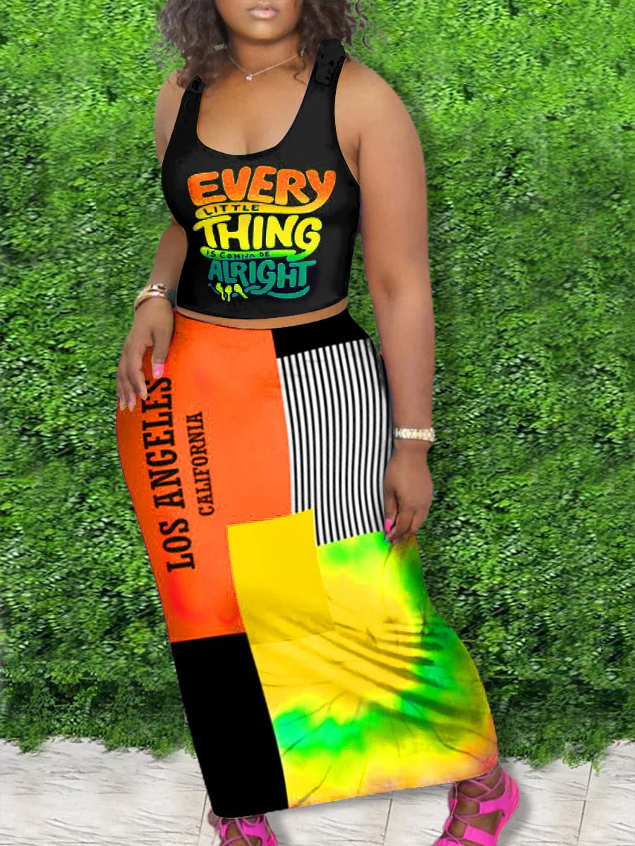 LW Plus Size Casual Outfits Two Piece Set Women's Letter Print Round Neck Crop Tank Top & Slim Fit Maxi Skirt