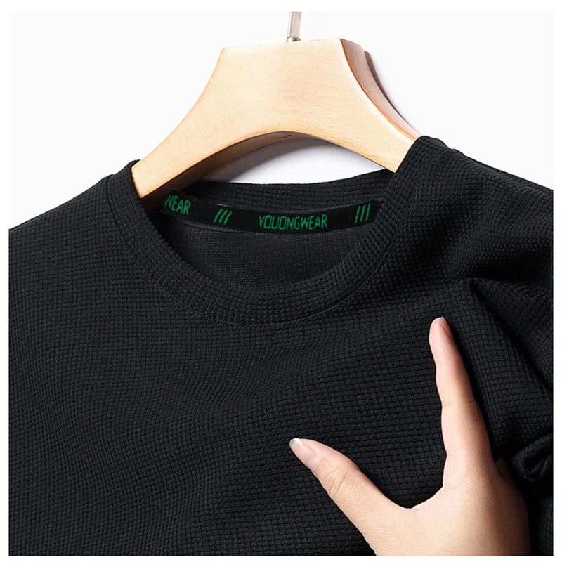 Summer O Neck Short Sleeve t-Shirts For Men Casual Waffle t-Shirt Mens Breathable Soild Tops Fashion t Shirt Tee Man Clothing