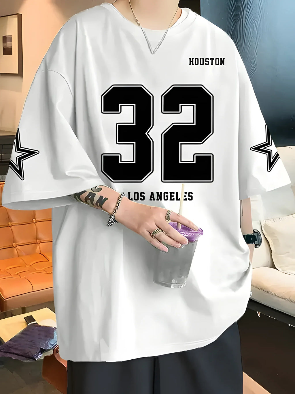 Los Angels Low Classic Letter 32 Printed Men's Round Neck Short Sleeve Comfortable Breathable Speed Drying Harajuku Street