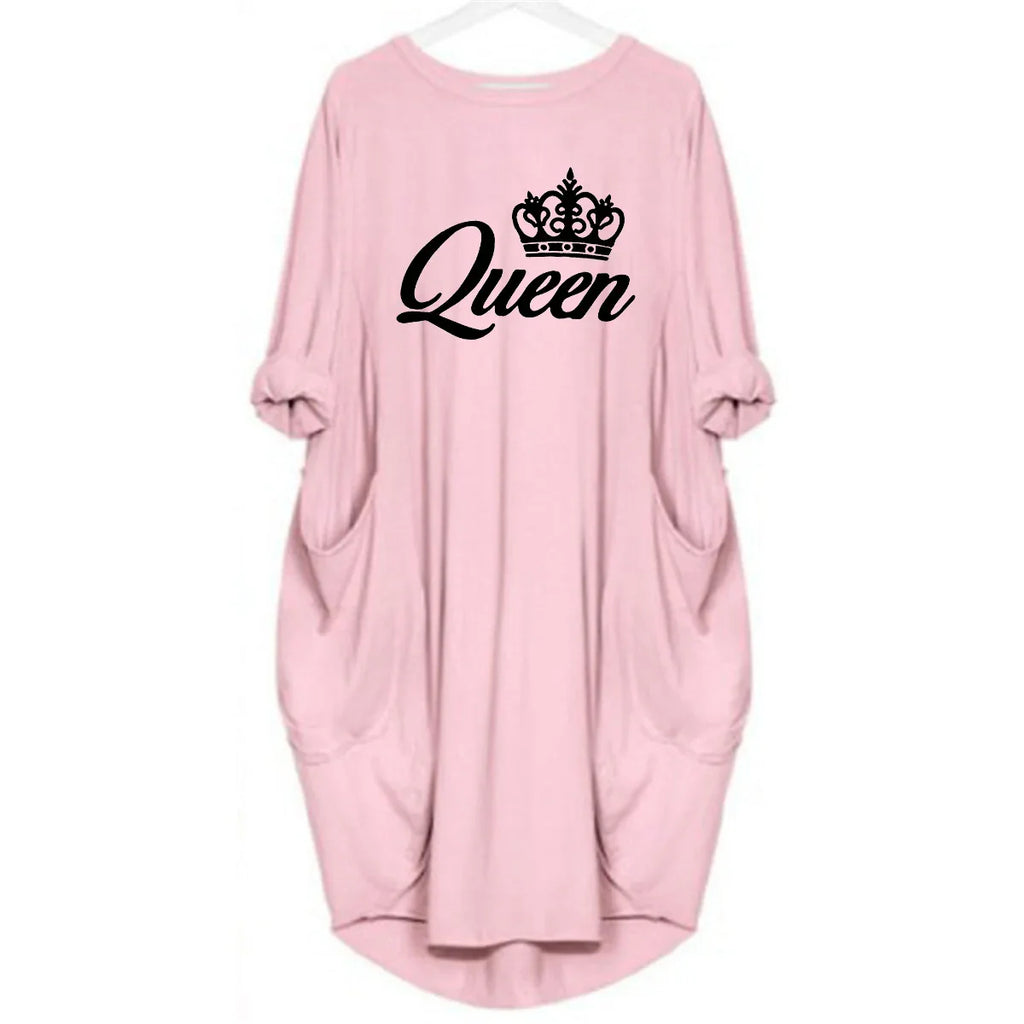 Women's spring and summer casual loose plus size QUEEN printed round neck long sleeved pocket dress streetwear