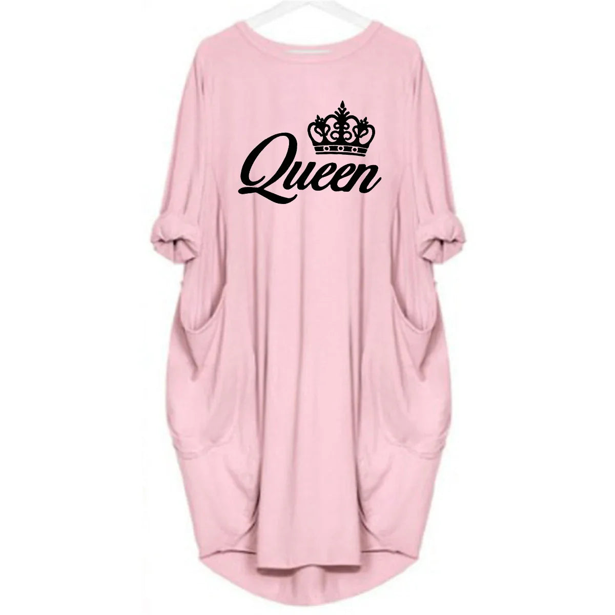 Women's spring and summer casual loose plus size QUEEN printed round neck long sleeved pocket dress streetwear