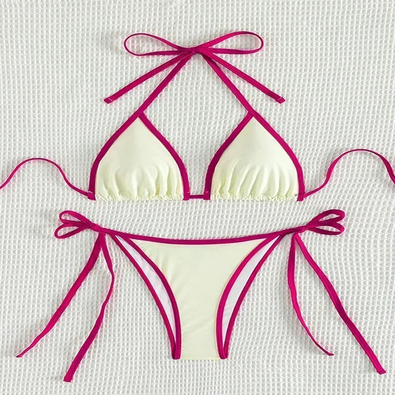 Contrasting Colors String Micro Thong Bikinis Sets Sexy Swimsuit Women 2025 Halter Mini Swimwear Biquinis Beachwear Bikini Mujer