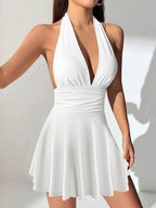 Hot-selling banded women's V-neck skirt Europe and the United States summer sexy backless pleated dress mini skirt