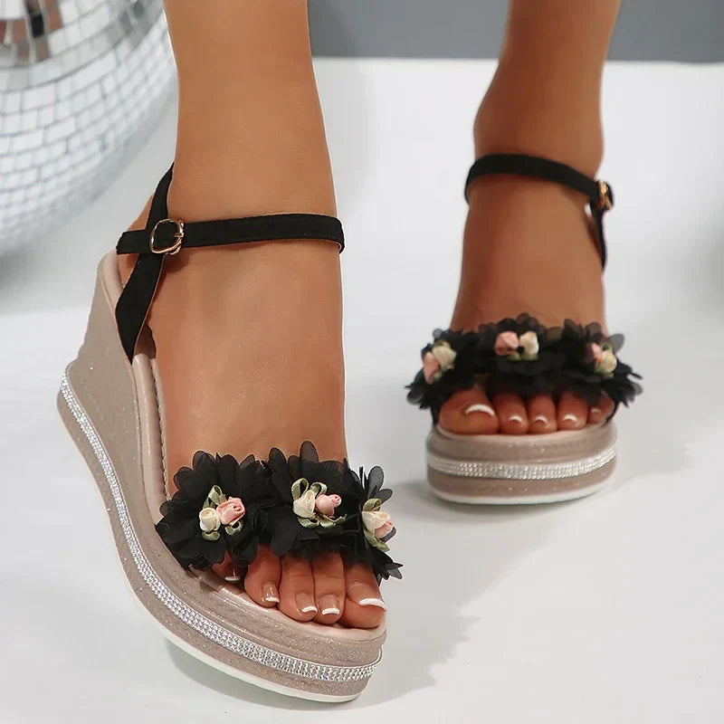 Lace Flower Wedge Heel Sandals for Women Summer Fashion Chunky Platform Sandalias Mujer Thick Bottom Non Slip Beach Shoes Woman