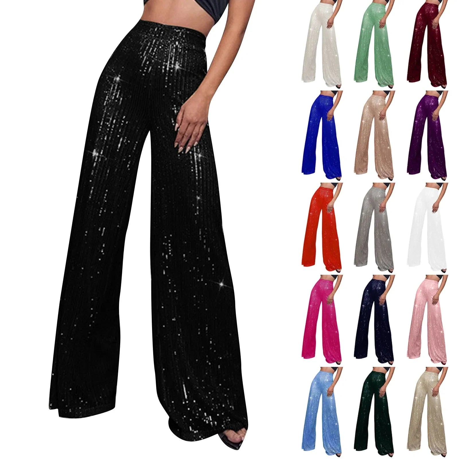 Women's Fashion Solid Color High Waist Sequin Side Zipper Draped Wide Leg Pants Pants for Women Women's Pants Women's Pants 2024