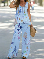 Women's1XL-8XL Plus Size Round Neck Casual Outfits Two Piece Set Solid Tank Top Wide Leg Pants Outfits 2 Piece Set