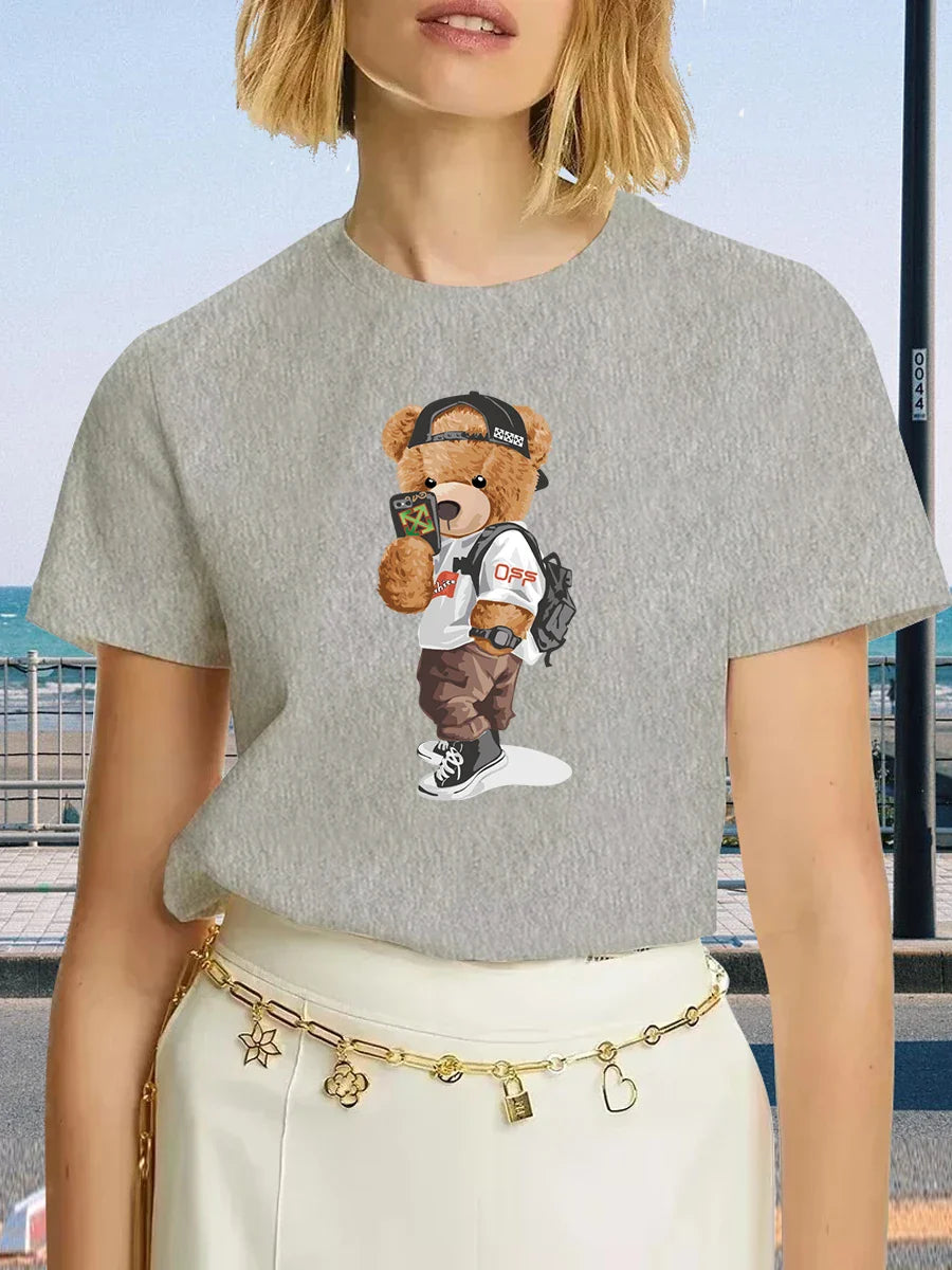 Luxury Brand Fashion Black Selfie Bear Printed Crew Neck Clothing Short Sleeve T-Shirt Trend Women's Summer Y2K Top
