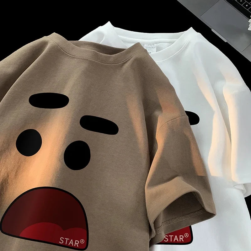 Vintage Fun Micro Expression Print Oversize T-shirt Men's High Street Fashion Cartoon Couple Short Sleeve Round Neck Top