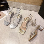 Xibeilove 2024 Summer Luxury Women Sandals Crystal Square Head Gold Rhinestone Snake Pattern High Heels Wedding Party Shoes