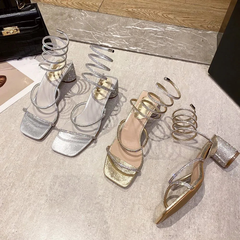 Xibeilove 2024 Summer Luxury Women Sandals Crystal Square Head Gold Rhinestone Snake Pattern High Heels Wedding Party Shoes