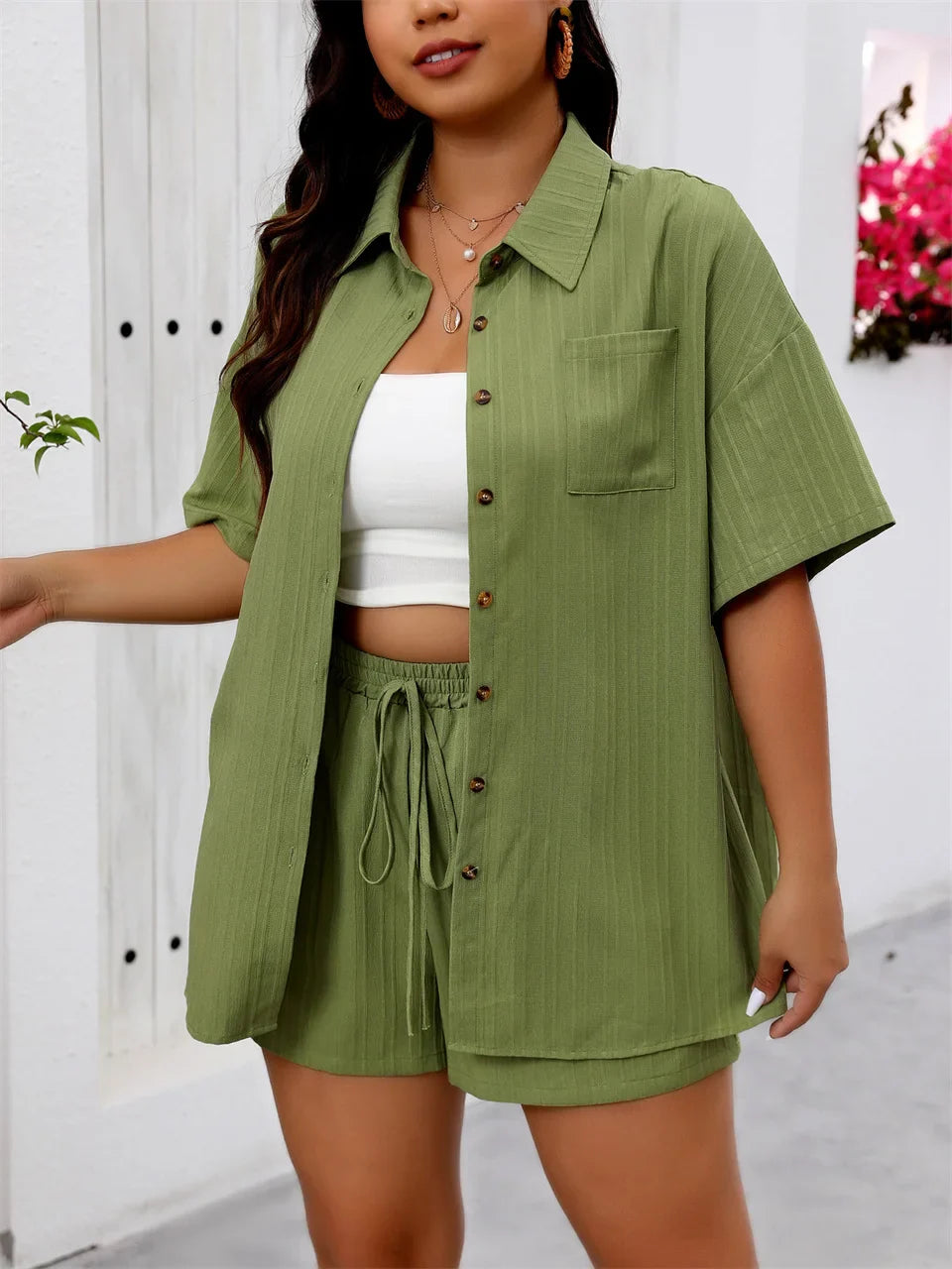 GIBSIE Plus Size Holiday Two Piece Set Women Summer Short Sleeve Button Down Shirt With Pockets Solid Elastic Waist Shorts Sets