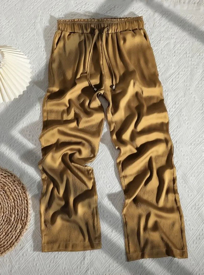 High Quality Wide Leg Pants Women Vintage Drawstring High Waist Satin Silk Pants Woman Casual Loose Straight Trousers