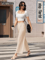 TACVASEN High Waisted Fashion Wide Leg Trousers Womens Loose Casual Long Pants Lightweight Soft Button Closure 2 Pockets Pants