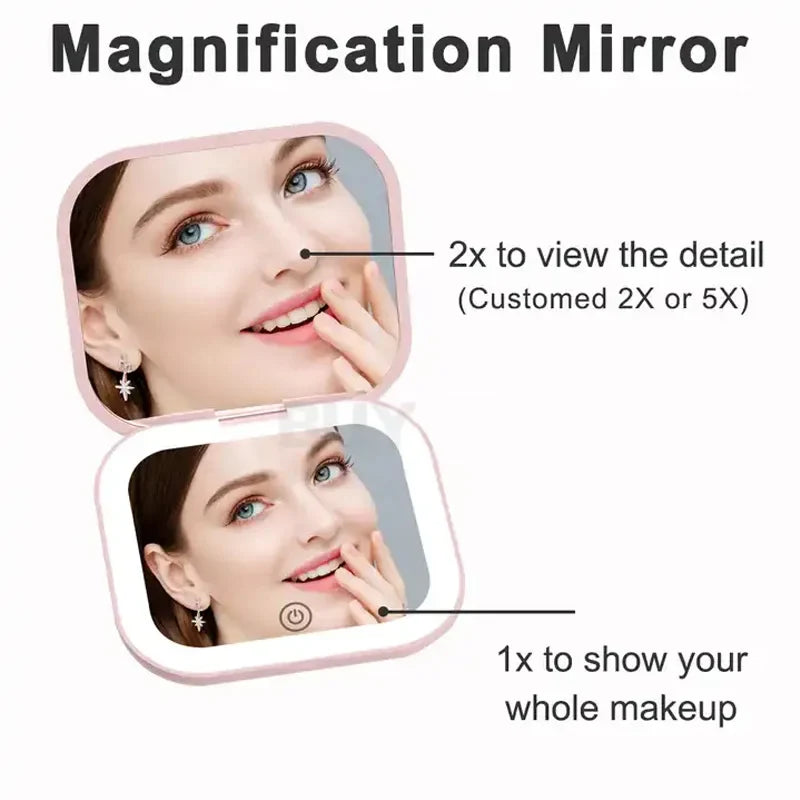 Compact Mini Gift Vanity Folding Cosmetic Mirror with Lights Portable Hand Held Small Pocket Travel Makeup Mirror 2X magnifying