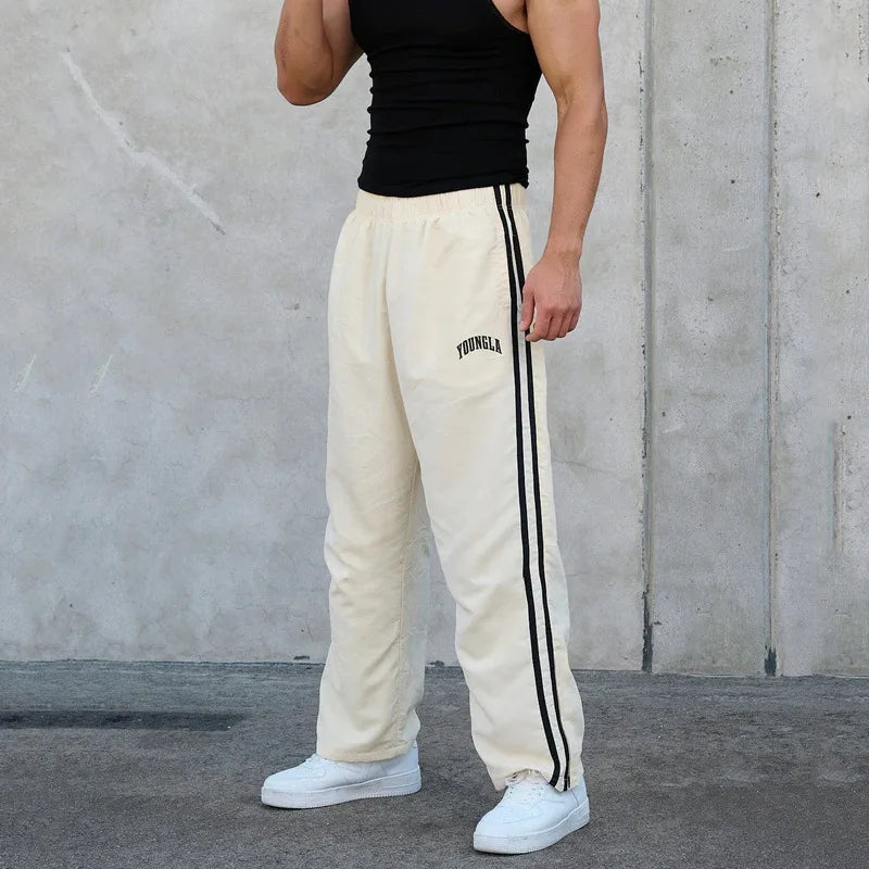 Men's Sweatpants Autumn Winter New Gym Sports Fitness Printed Ribbon Woven Mid Waist Straight Leg Pants Fashionable Casual Pants
