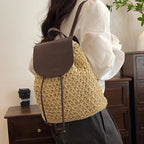 Vintage Straw Backpack Women's Fashion Shoulder Bag Versatile Straw Woven PU Leather Elegant Luxury Designer Backpack