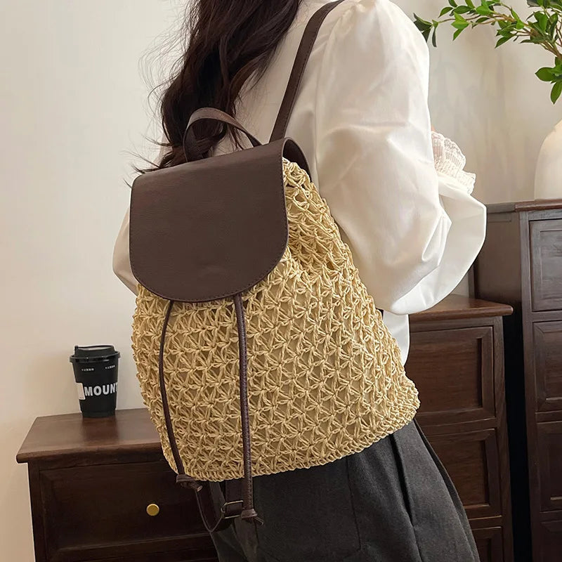 Vintage Straw Backpack Women's Fashion Shoulder Bag Versatile Straw Woven PU Leather Elegant Luxury Designer Backpack