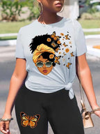 LW Plus Size New Butterfly Figure Print Shorts Set Summer Basic Round Neck T-shirt&Skinny Shorts Matching Clothes For Women