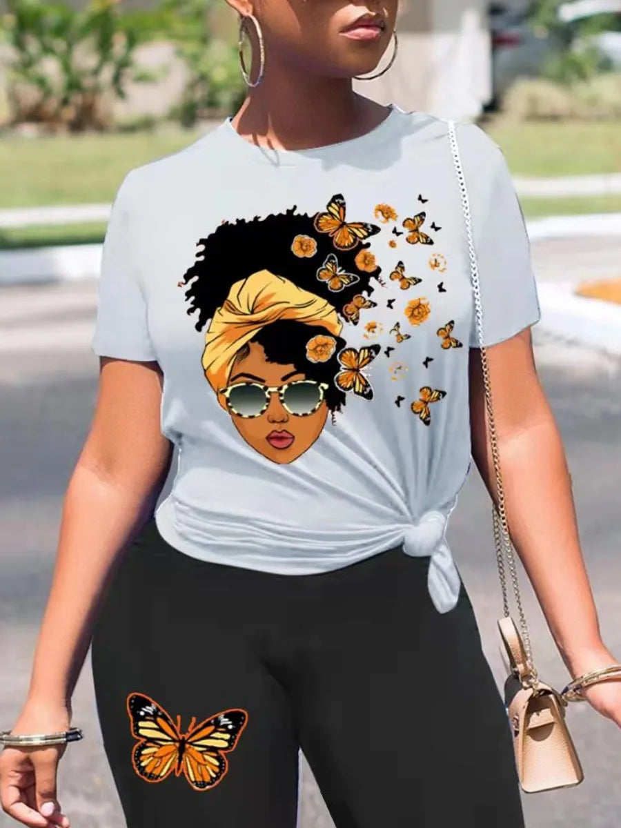 LW Plus Size New Butterfly Figure Print Shorts Set Summer Basic Round Neck T-shirt&Skinny Shorts Matching Clothes For Women