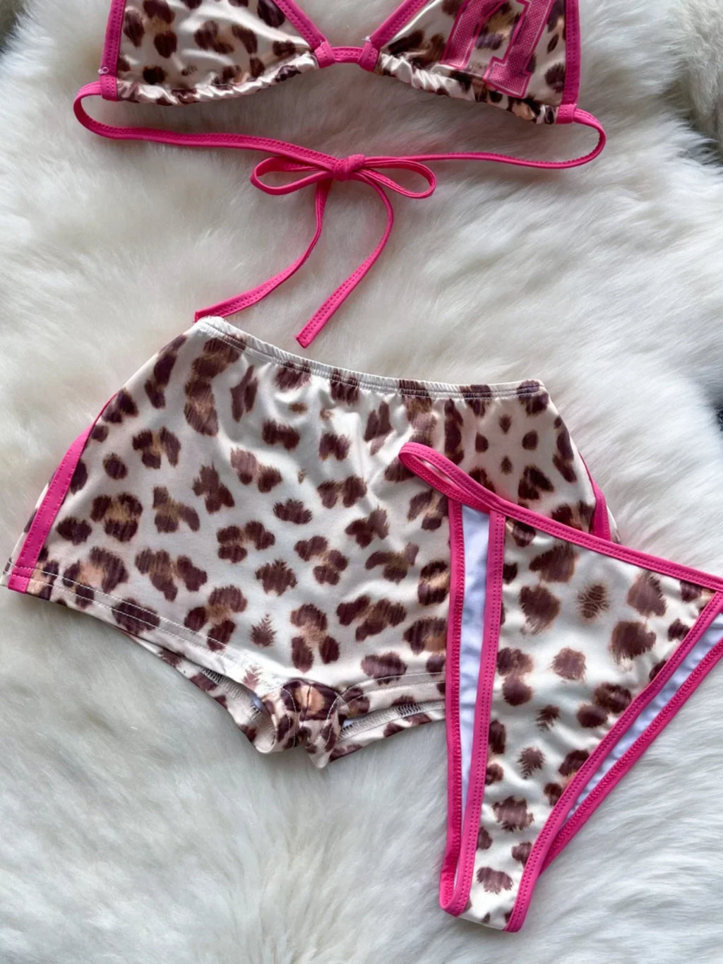 Foamlina American Pure Desire Hottie Strap Leopard Print Bikini Uniform Three-piece Suit Women's Summer Tube Top + Shorts