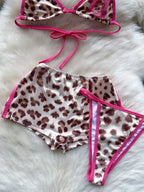 Foamlina American Pure Desire Hottie Strap Leopard Print Bikini Uniform Three-piece Suit Women's Summer Tube Top + Shorts