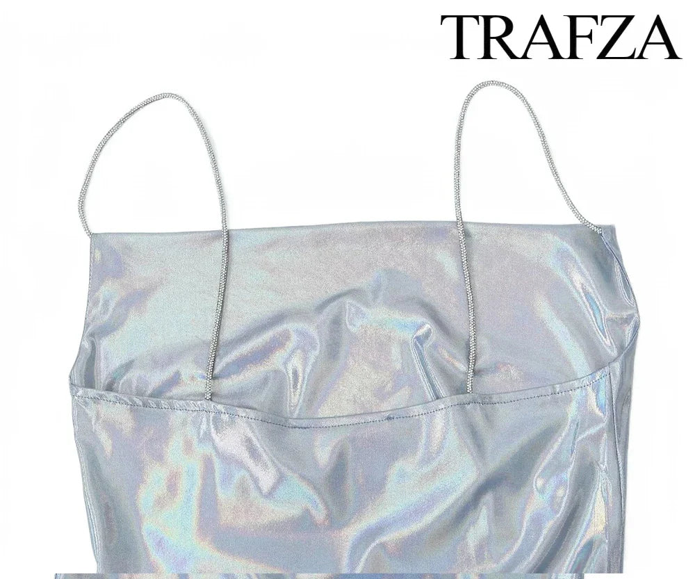TRAF Women's Metallic Colour Glitter Dress Sexy Backless Sleeveless Spaghetti Strap Dresses Party Bar Sleeveless Short Dresses