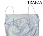 TRAF Women's Metallic Colour Glitter Dress Sexy Backless Sleeveless Spaghetti Strap Dresses Party Bar Sleeveless Short Dresses
