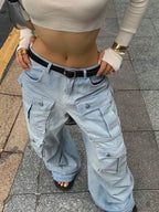 Women Harajuku Y2K Streetwear Jeans American Style Retro Multi-Pocket Straight Cargo Pants Trend Mid-waist Casual Blue Trousers