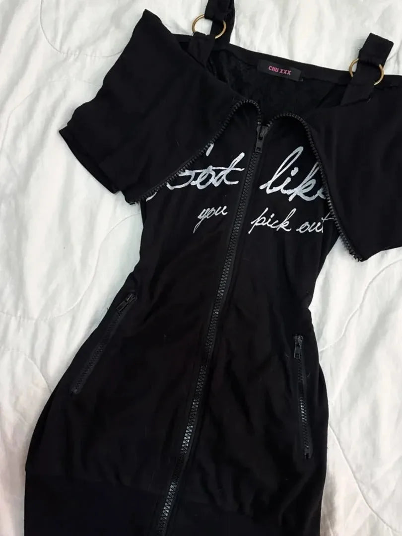 Elegant Party Woman Dresses Vintage Short sleeve Zipper Bag hip Skirt Sexy Girl Green Dress Gothic Letter Sling Short Skirt Y2k