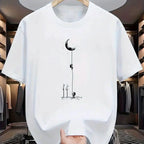 Summer men's 100% pure cotton casual loose fit plus size moon landing pattern printed round neck short sleeved T-shirt top