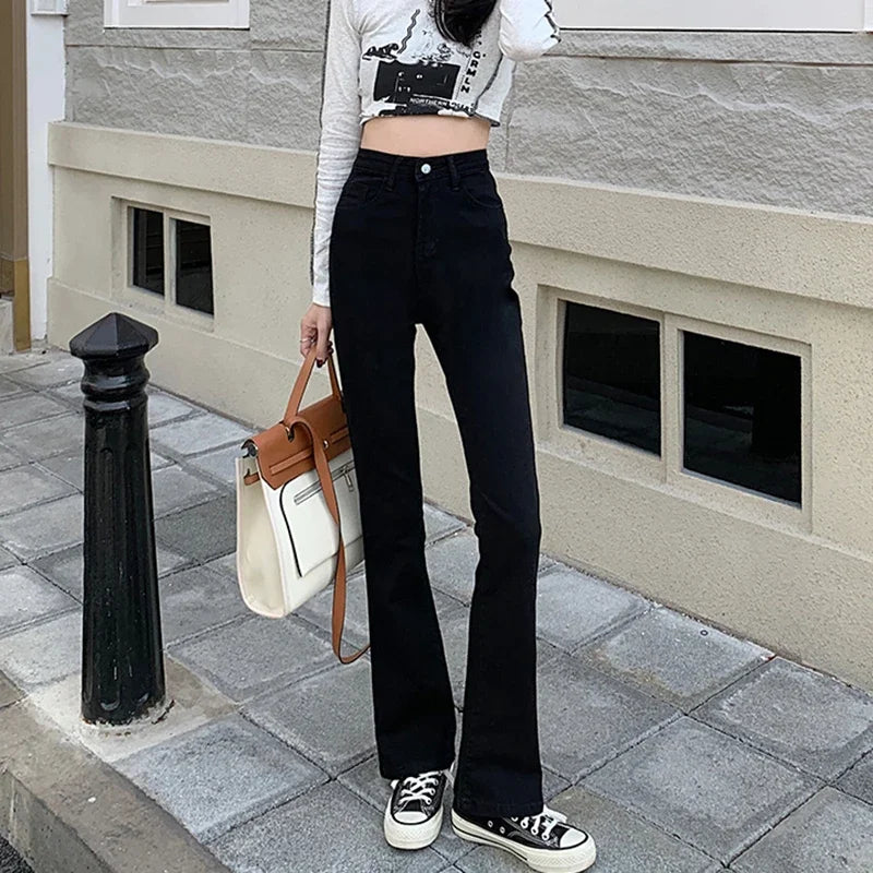 Woman American High Waist Slim Fit Bell Bottom Jeans Female Fashion Y2k Flare Pants Girls Elastic Designer Black Denim Trousers