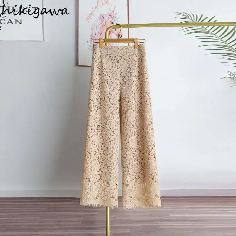 Lace Wide Leg Pants for Women 2025 New Bottoms Loose Straight Trousers High Waist Solid Color Temperament Summer Pantalon Femme