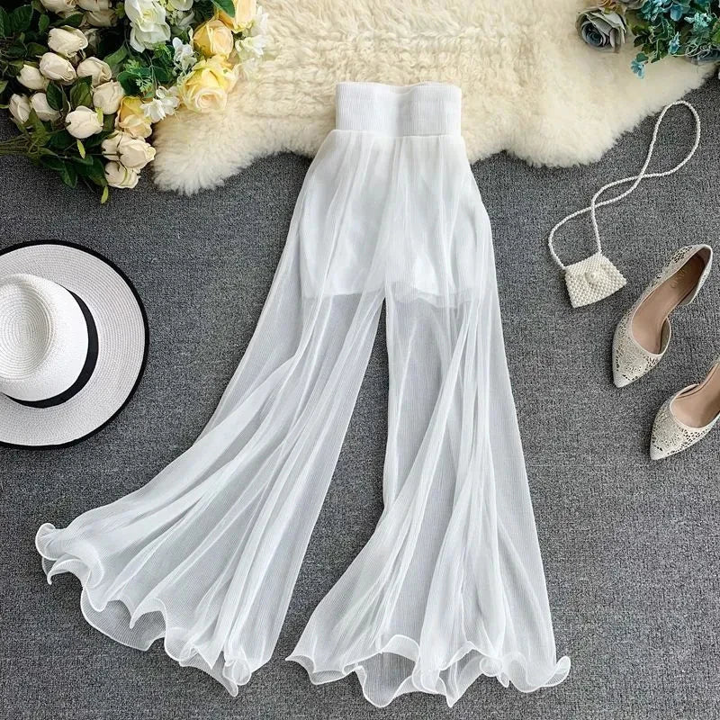 ZOKI Women Flare Pants Loose Gauze Elastic High Waist Ruffle Chiffon Ladies Trousers Fashion Black White Summer Female Pants New