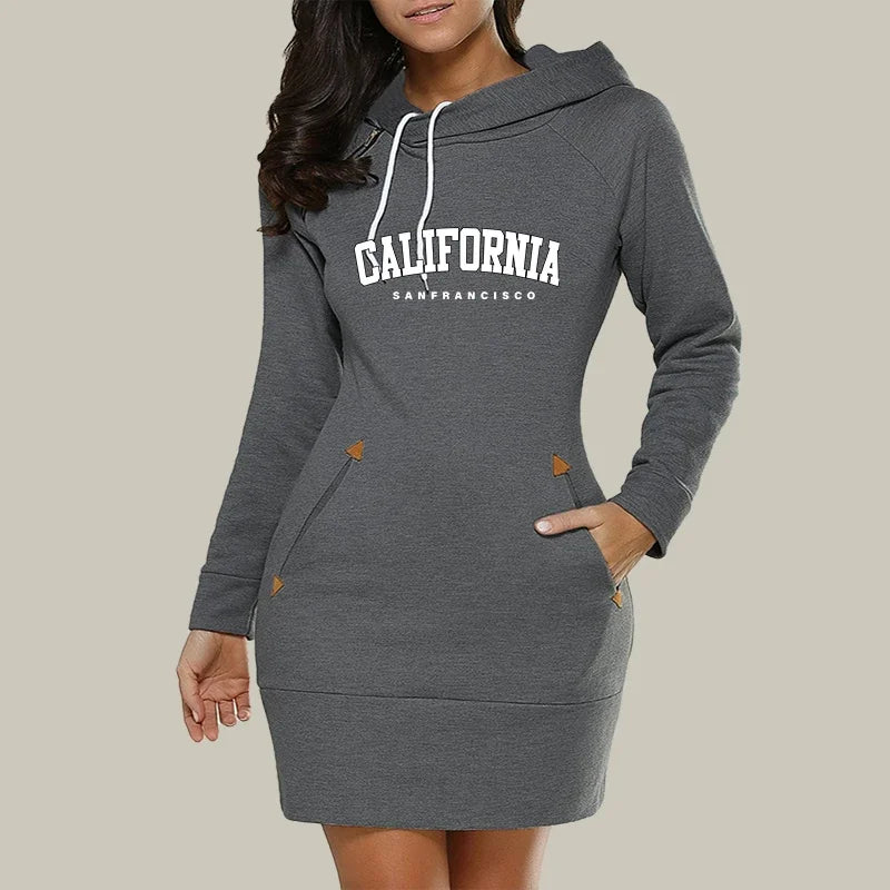 California Womens Dress Neck Side Zipper Fashion Print Long Sleeve Hooded Sports Skirt Hot Sales Casual Knee-Length Dress S-3XL