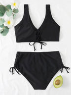 Drawstring High Waist Bikini 2023 Women Solid Swimwear Female Cross Front Swimsuit Padded Beachwear Bather Bathing Swimming Suit
