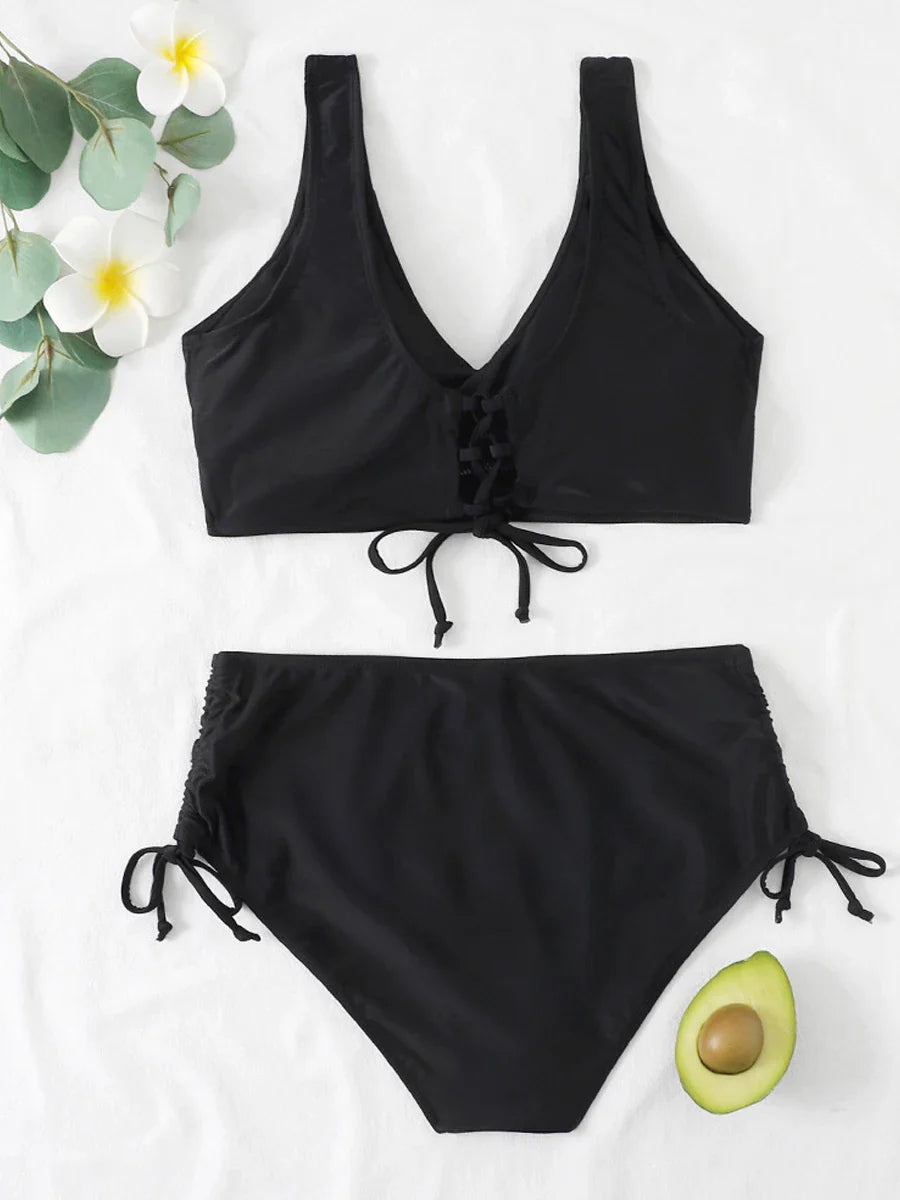 Drawstring High Waist Bikini 2023 Women Solid Swimwear Female Cross Front Swimsuit Padded Beachwear Bather Bathing Swimming Suit