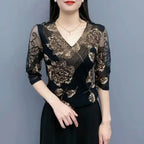 Vintage Printed Spliced Gauze Diamonds Lace Blouses Women's Clothing 2023 Autumn New Elegant Pullovers Office Lady Shirts