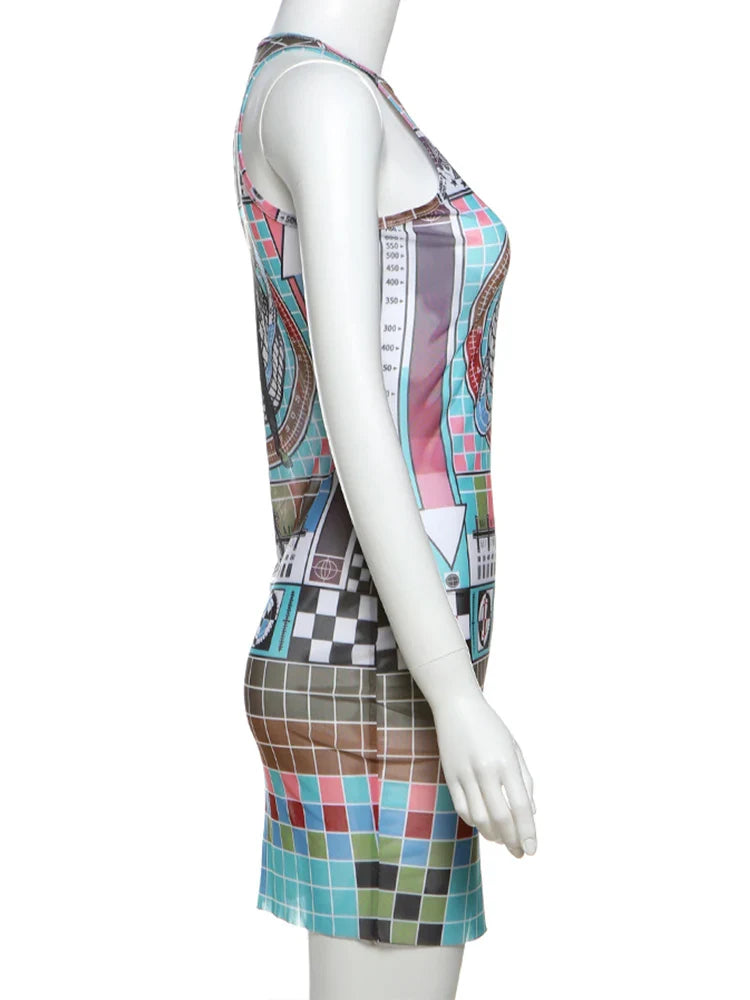 Weird Puss Aesthetic Print Dress Women See Through Sleeveless Skinny Colorful Hipster Skinny o-Neck Summer Trend Club Bodycon