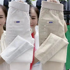 Elegant Women Streetwear Korean Fashion Casual Pant Solid Corduroy Harlan Button Pockets Pants New Autumn Winter Pants