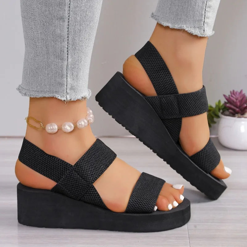 Women's Fashion Trend Anti-slip Wear-resistant Pure Black Belt Soft Soled High-heeled Sandals