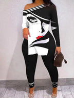 LW Plus Size Two piece set Figure Print Striped Split Pants Set One Shoulder Long Sleeve sexy women suit Streetwear Tracksuit