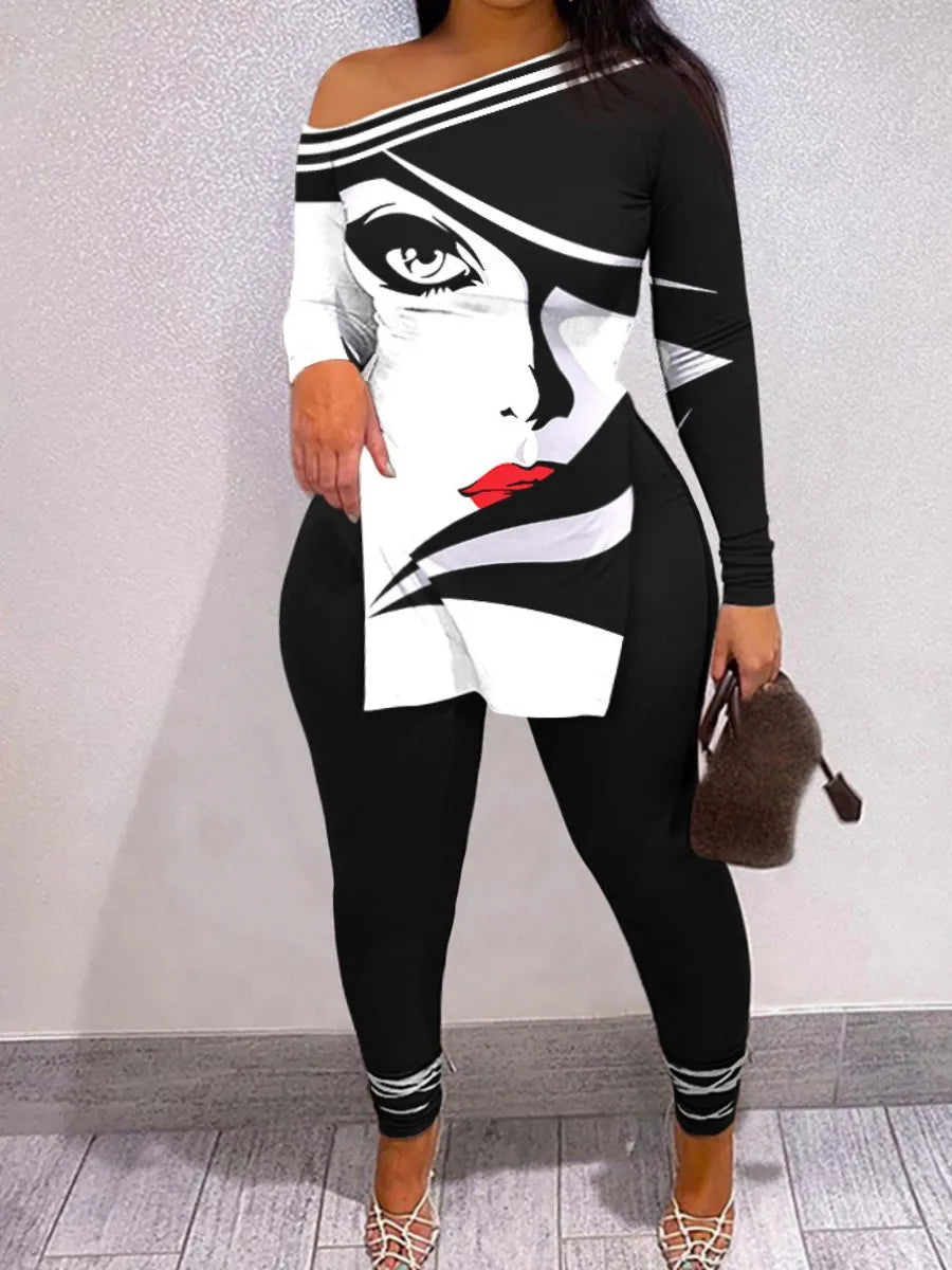 LW Plus Size Two piece set Figure Print Striped Split Pants Set One Shoulder Long Sleeve sexy women suit Streetwear Tracksuit