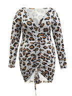 L-5XL LW Plus Size Elegant Off The Shoulder Leopard Print Mid Calf Dress Spring Summer Bateau Neck Ruched Bodycon Dresses