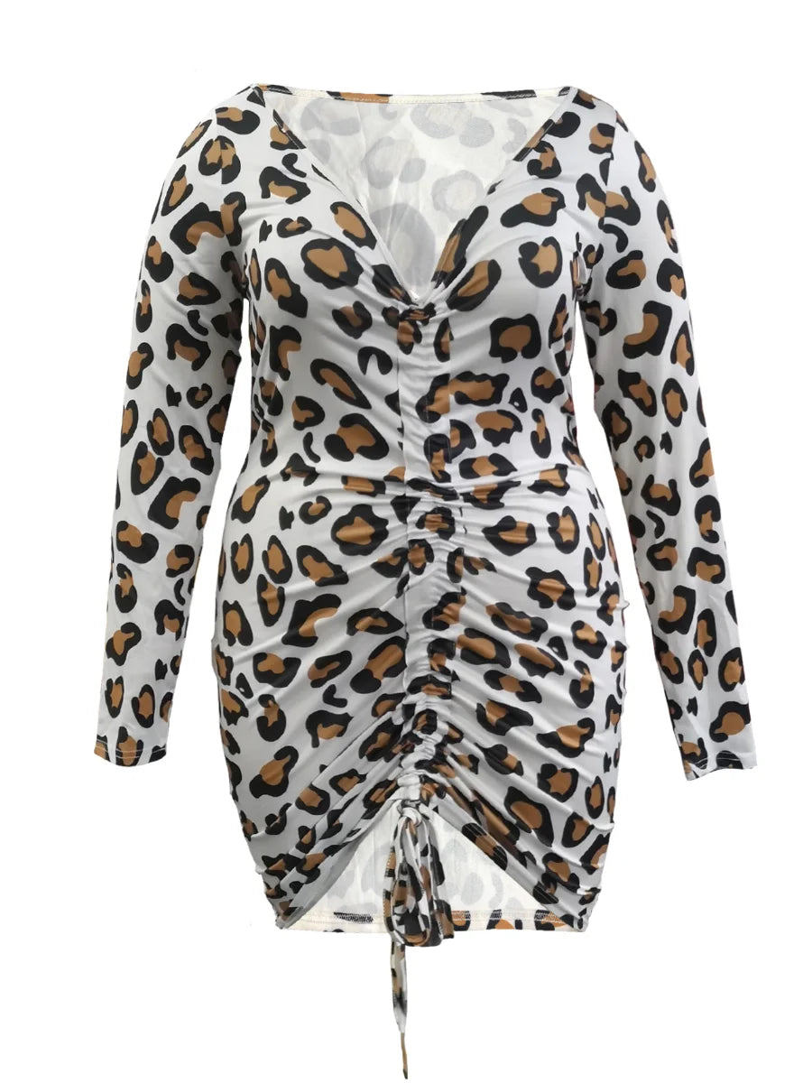 L-5XL LW Plus Size Elegant Off The Shoulder Leopard Print Mid Calf Dress Spring Summer Bateau Neck Ruched Bodycon Dresses