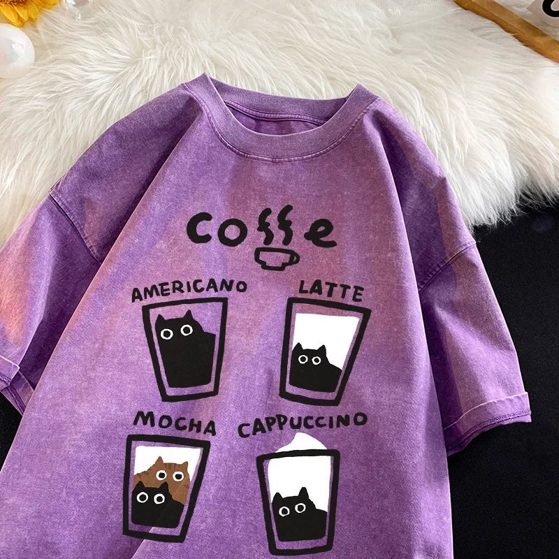 American Retro Trendy Cat Cotton T-shirt Men Women Summer Loose Couple Short Sleeve Tops Harajuku Y2k Vintage Water Washing Tee