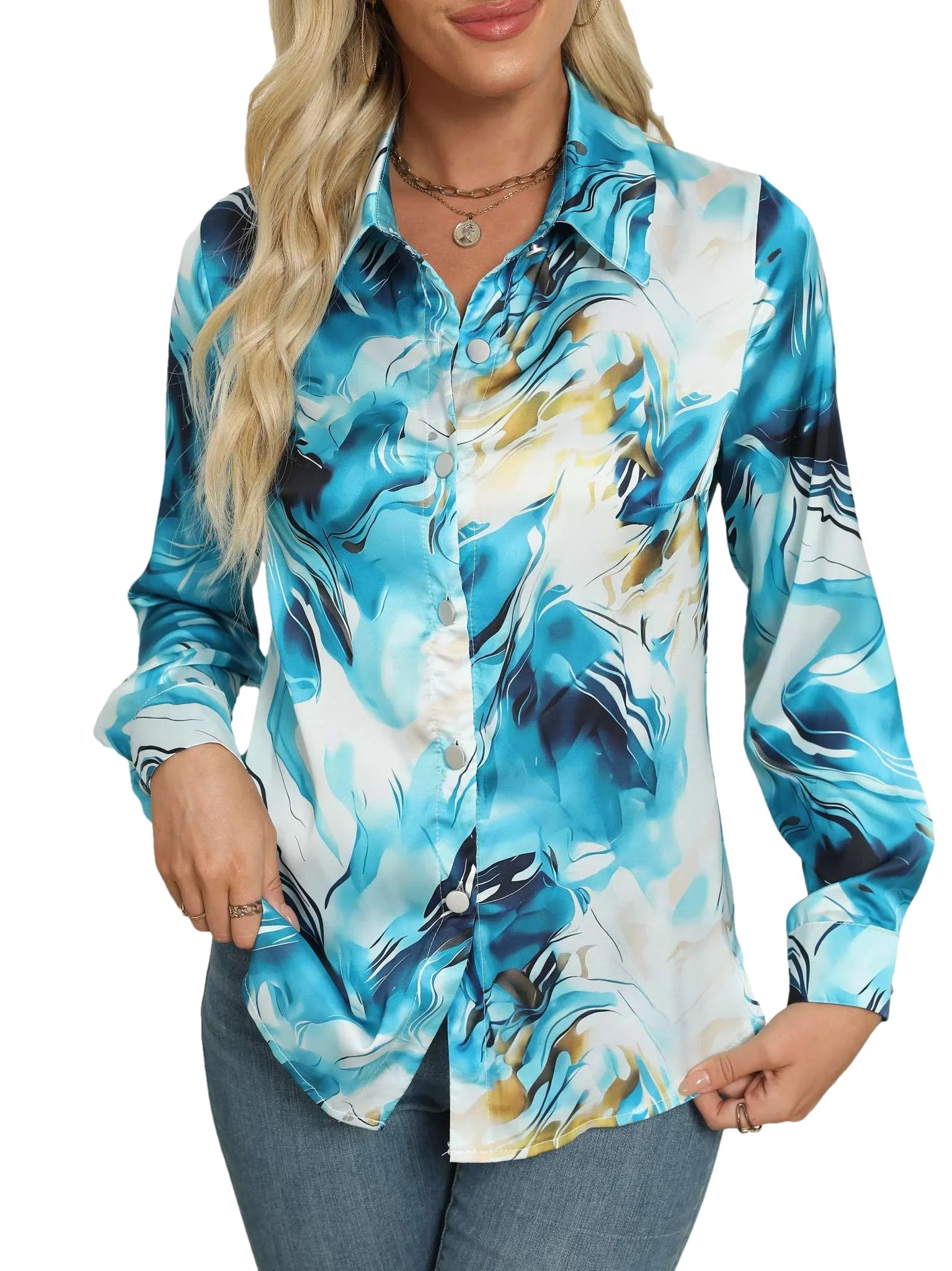 Women's Elegant Marble Print Long Sleeve Work Shirt  Spring & Summer Long Sleeve Tops