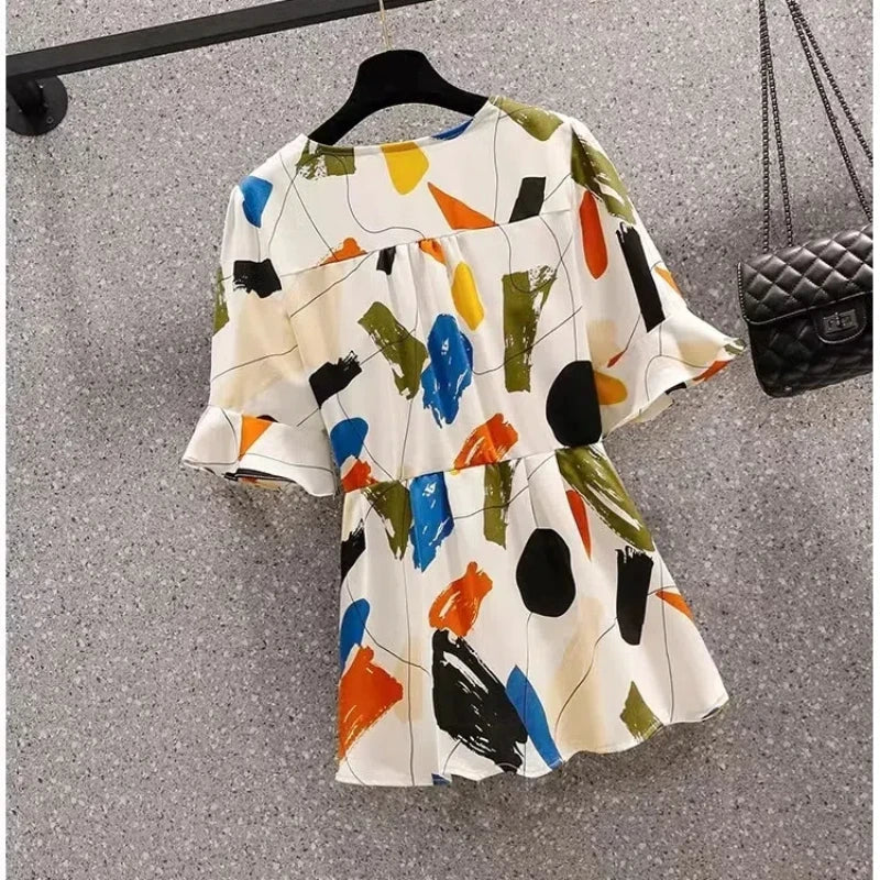 Women Clothing Plus Size Lacing Blouse Summer New Short Sleeve V Neck Printing Loose All-match Fashion Shirt Tops Vintage Casual